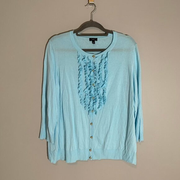 Talbots light blue elbow sleeve ruffle detail button front lightweight cardigan - Picture 1 of 9
